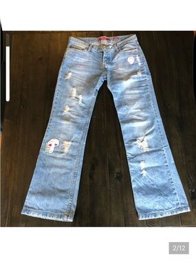 Miss Sixty Light Blue Distressed Flare Jeans with Patch Details